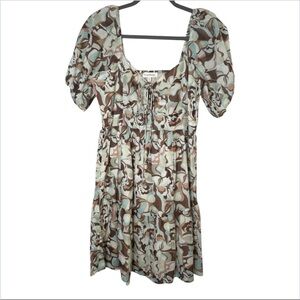 Heartloom Brown Blue Floral Smocked Puff Sleeve Mini Dress Size M Cottagecore